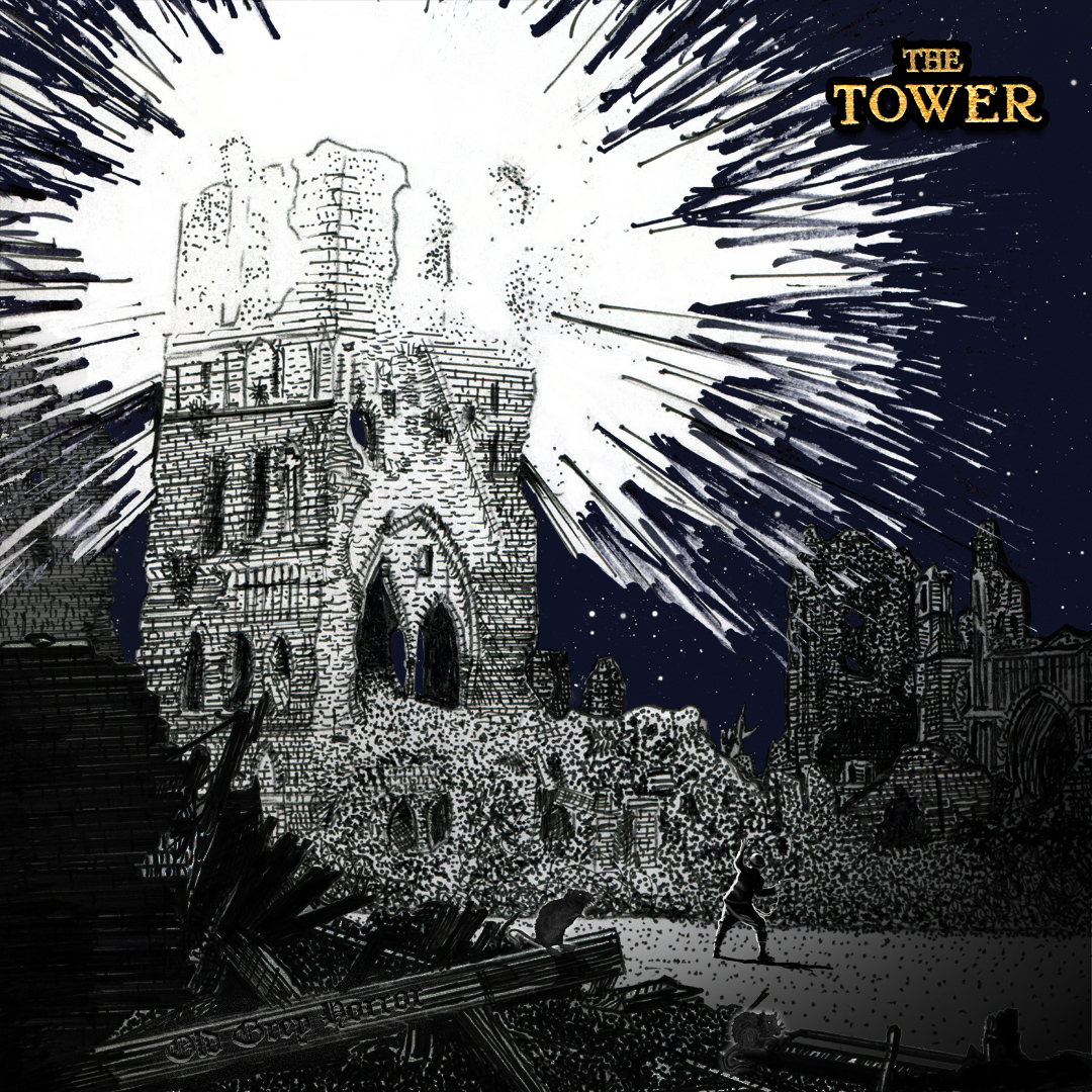 Front cover of THE TOWER, inspired by the tarot card. Image ©J. Adams.
